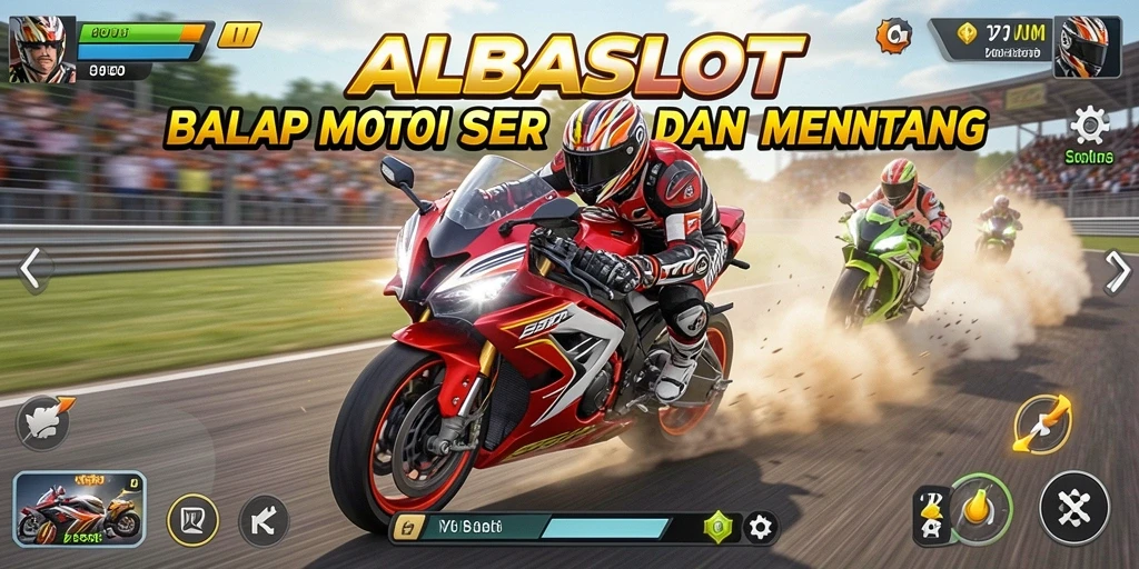 Screenshot utama ALBASLOT menampilkan gameplay balap motor yang intens dan mendebarkan.