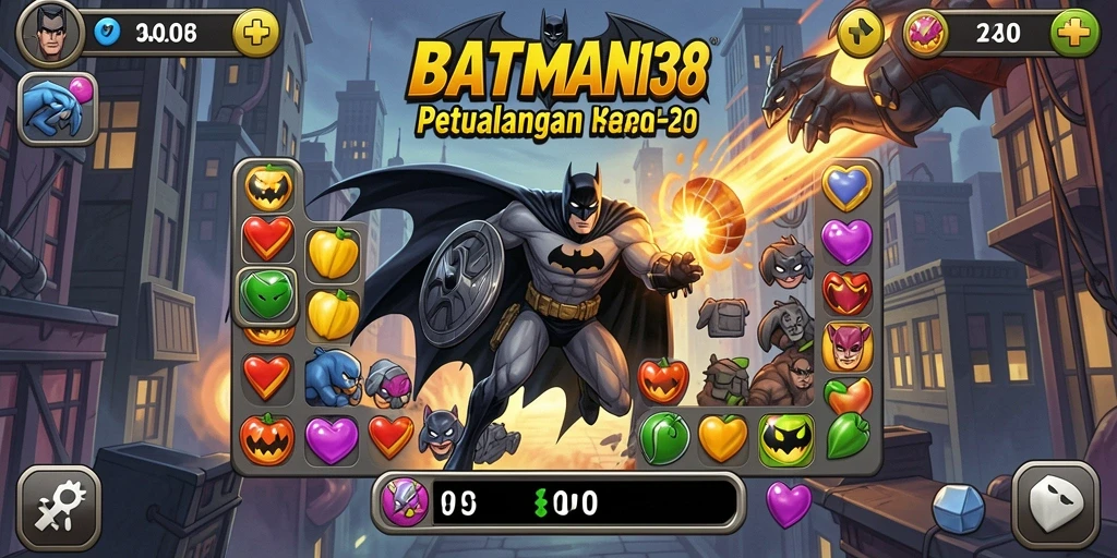 Tampilan gameplay <strong>BATMAN138</strong> dengan aksi seru dan tantangan Match-3.