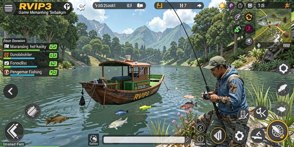 Tampilan gameplay RVIP3 yang memukau dengan aksi memancing yang seru.