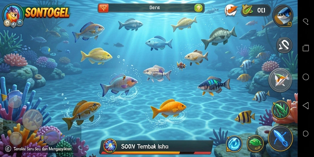 Tampilan gameplay SONTOGEL yang penuh warna dengan aksi menembak ikan.