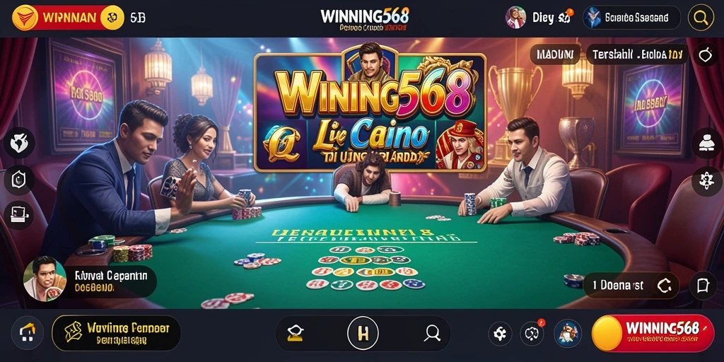 Screenshot gameplay WINNING568 menampilkan dealer langsung dan interaksi pemain.